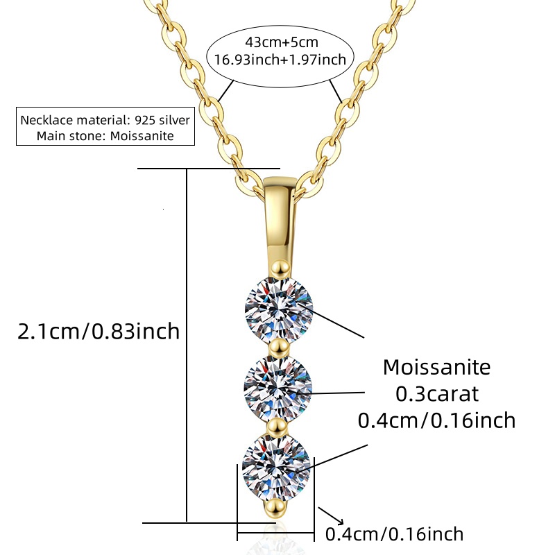 Unisex 925 Silver 0.9 Carat Moissanite Three-Stone Pendant Necklace